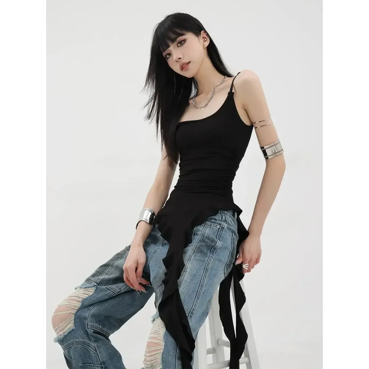 Black Asymmetrical Ruffle Tank Top – Y2K Grunge Punk Camisole - Best Sellers - Sleeveless - Off-Shoulder - Tank Tops - 1