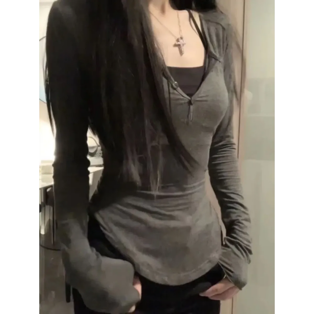 V-Neck Long Sleeve Tee – Y2K Grunge Slim Fit Layered Top - Best Sellers - Long - V-neck - T-Shirts - 1
