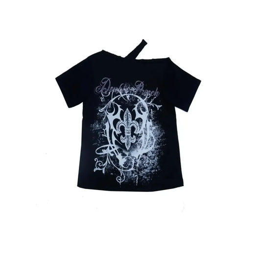 Black Gothic Print T-Shirt – Off-Shoulder Y2K Grunge Tee - Best Sellers - Short - Crew - Unisex T-Shirts - 3