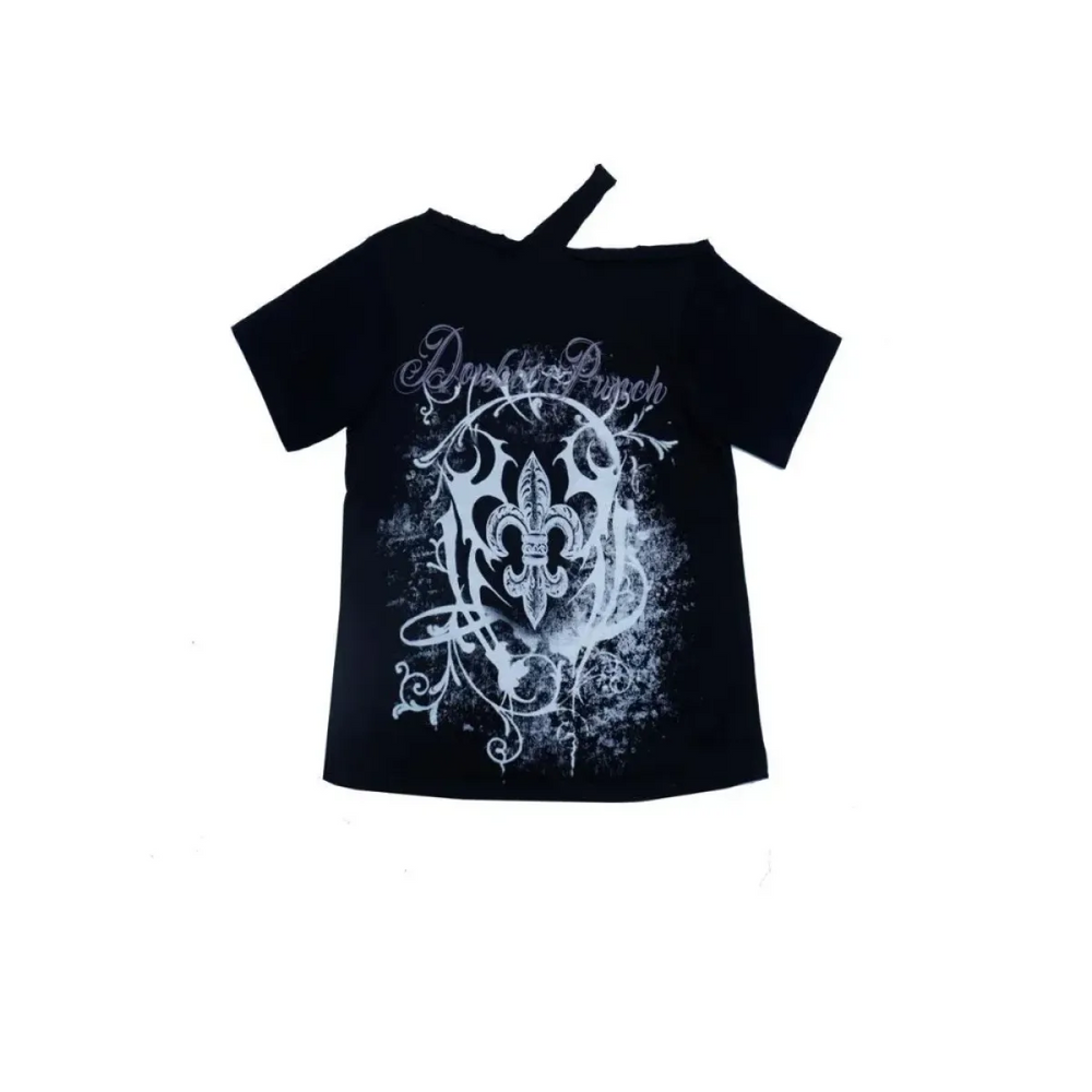 Black Gothic Print T-Shirt – Off-Shoulder Y2K Grunge Tee - Best Sellers - Short - Crew - Unisex T-Shirts - 1