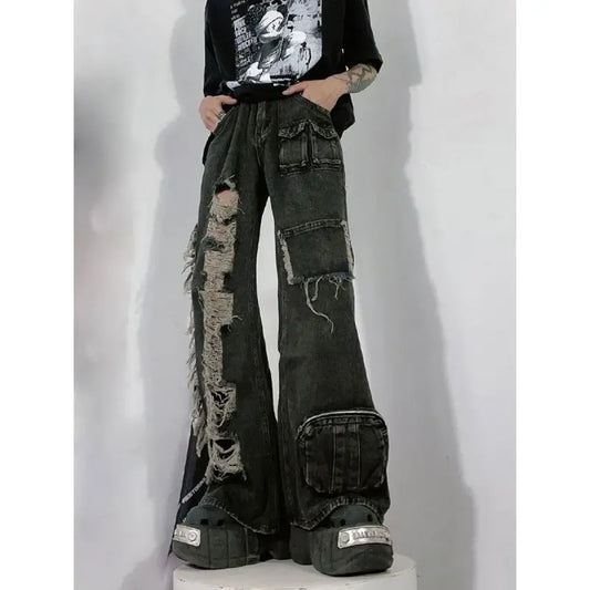 Y2K Grunge Multi-Pocket Distressed Bell Bottom Jeans - Best Sellers - Jeans - 6