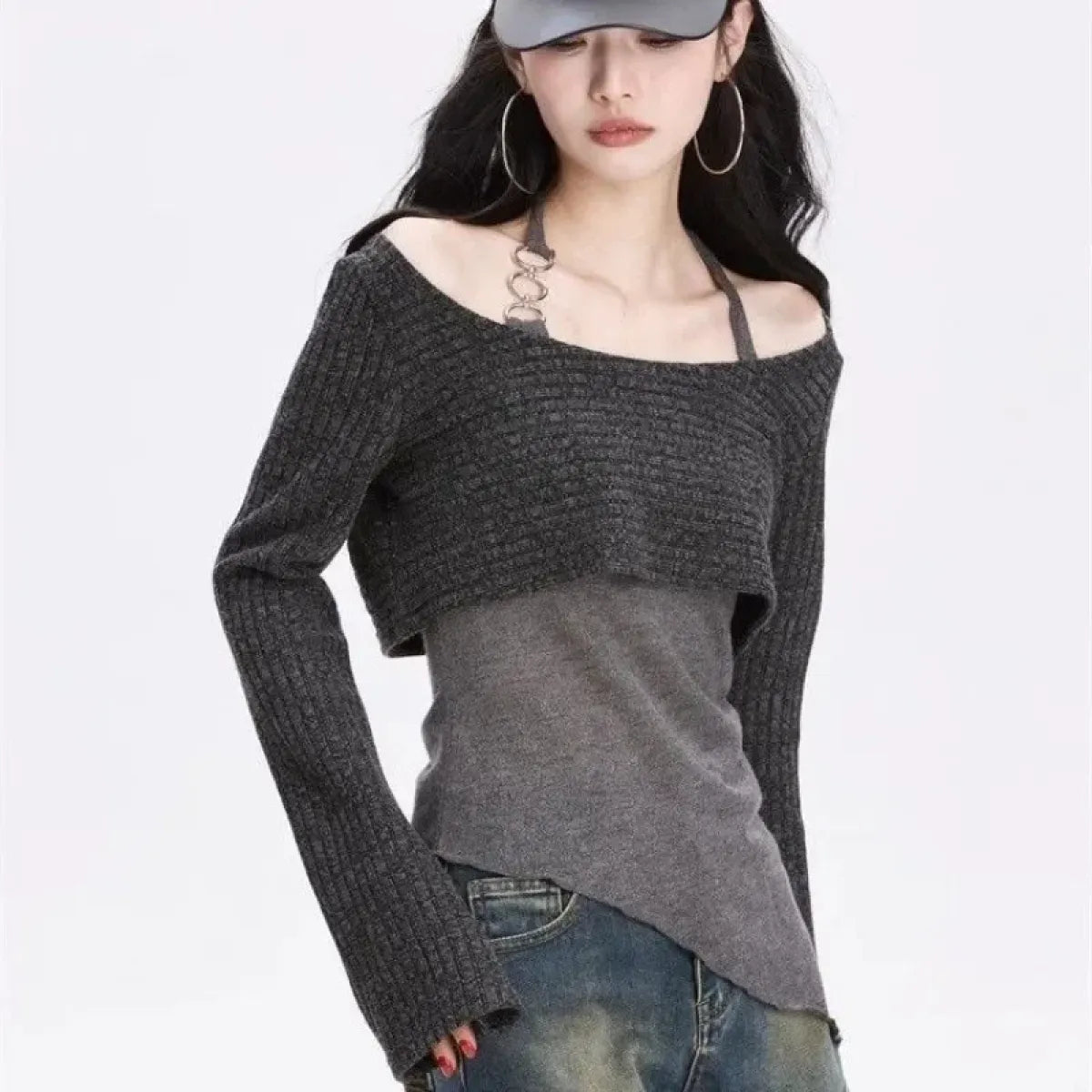 Gray Off-Shoulder Knitted Halter Top – Y2K Gyaru Asymmetric Crop Tee - Best Sellers - Long - Round - Crop Tops - 1