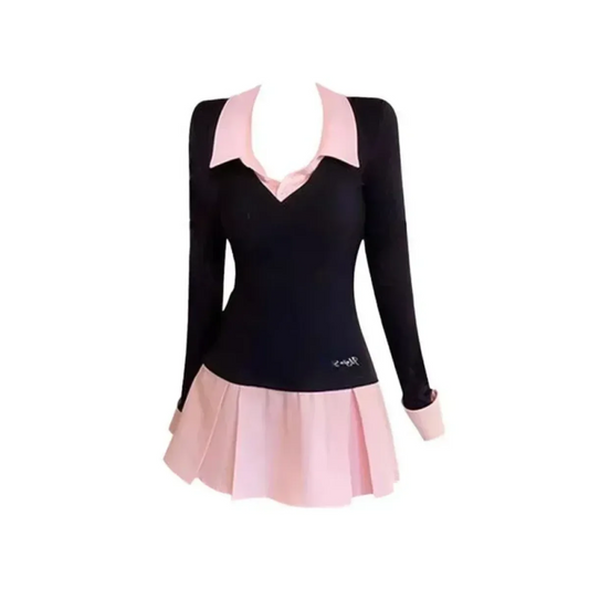 Preppy Knitted Mini Dress – Y2K Gyaru Fake Two-Piece - All Dresses - Long - V-neck - Dresses - 5