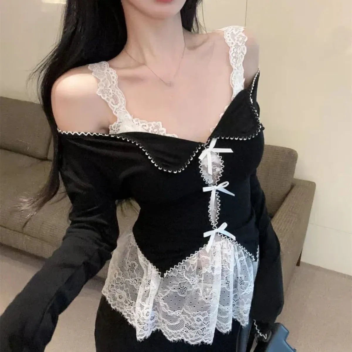Lace Trim Bow Top – Y2K Harajuku 90s Aesthetic Long Sleeve - Best Sellers - Long - Off-Shoulder - Clothing Sets - 1