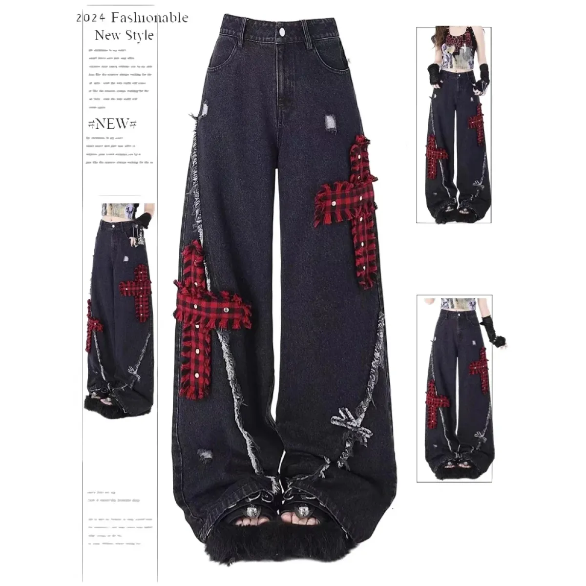 Gothic Patchwork Baggy Jeans – Y2K Harajuku Grunge - Best Sellers - Women’s Jeans - 1