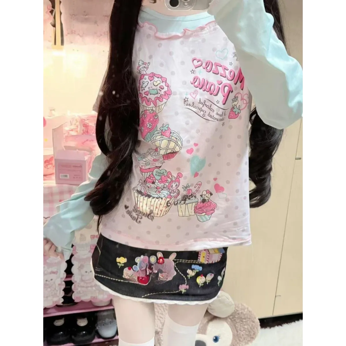 Kawaii Cupcake Print Top – Y2K Harajuku Long Sleeve Shirt - Best Sellers - Long - Round - Crop Tops - 1