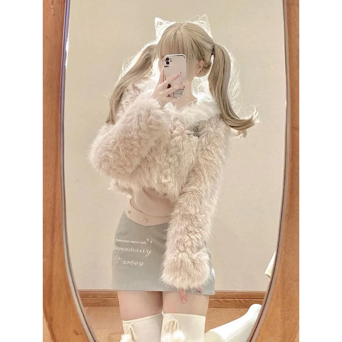 Kawaii Faux Fur Coat & Mini Skirt Set – Y2K Harajuku Outfit - Best Sellers - Long - Shirt - Clothing Sets - 1