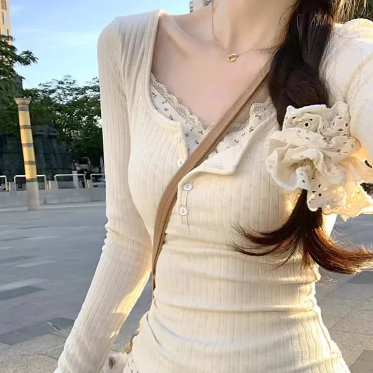Layered Lace Trim Top – Y2K Harajuku Slim Fit Tee - Best Sellers - Long - V-neck - T-Shirts - 6
