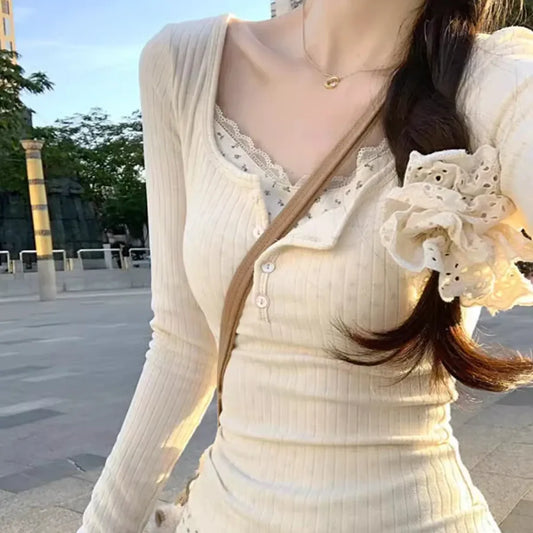 Layered Lace Trim Top – Y2K Harajuku Slim Fit Tee - Best Sellers - Long - V-neck - T-Shirts - 6