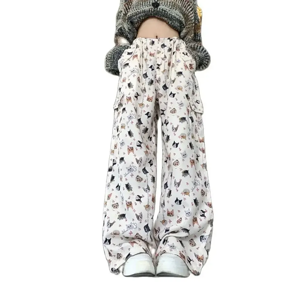 Cat Print Wide-Leg Pants – Y2K Harajuku Streetwear - Best Sellers - Women’s Pants - 1
