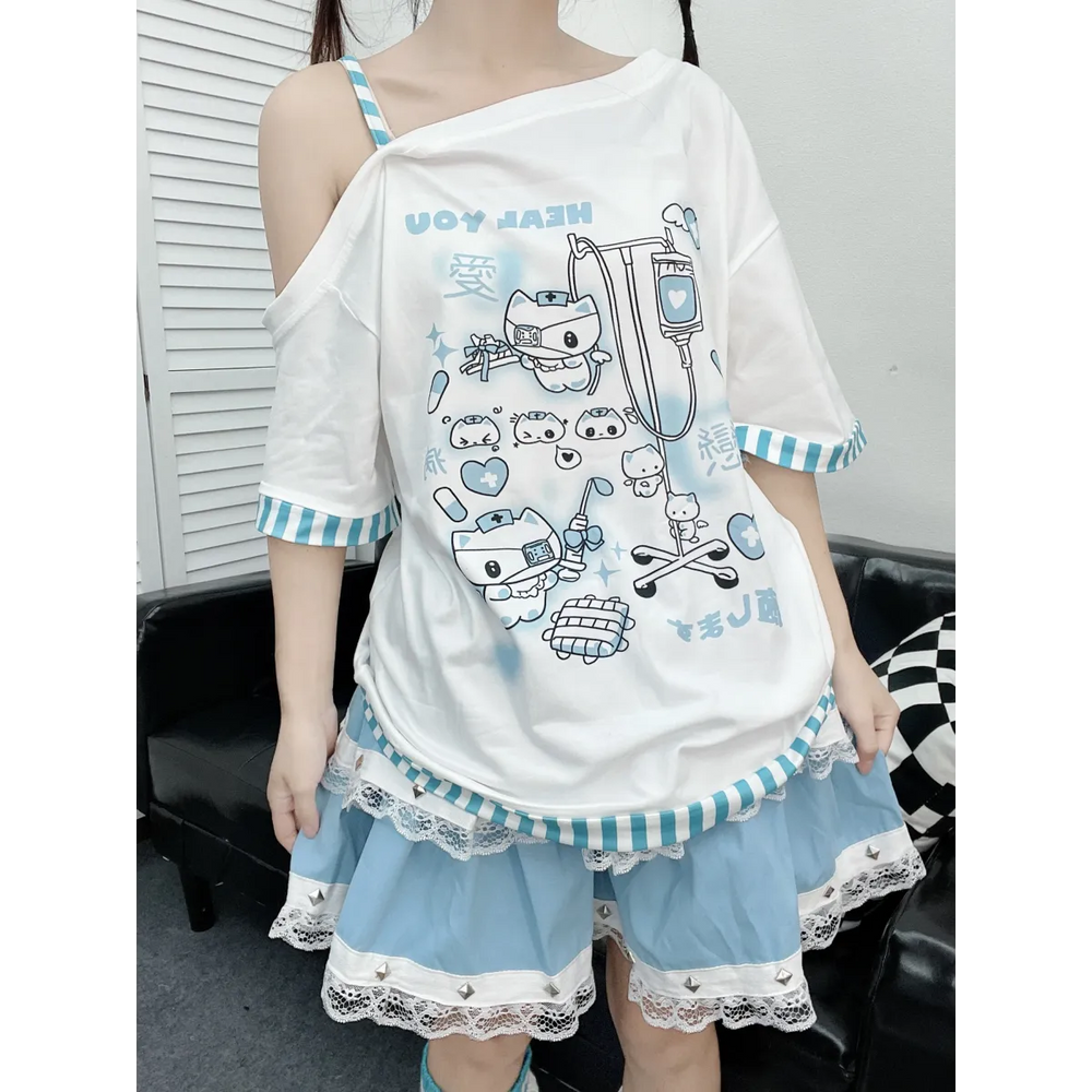 Y2K Harajuku T-Shirt – Japanese Patchwork - Early Spring Collection - Short - Asymmetric - T-Shirts - 1