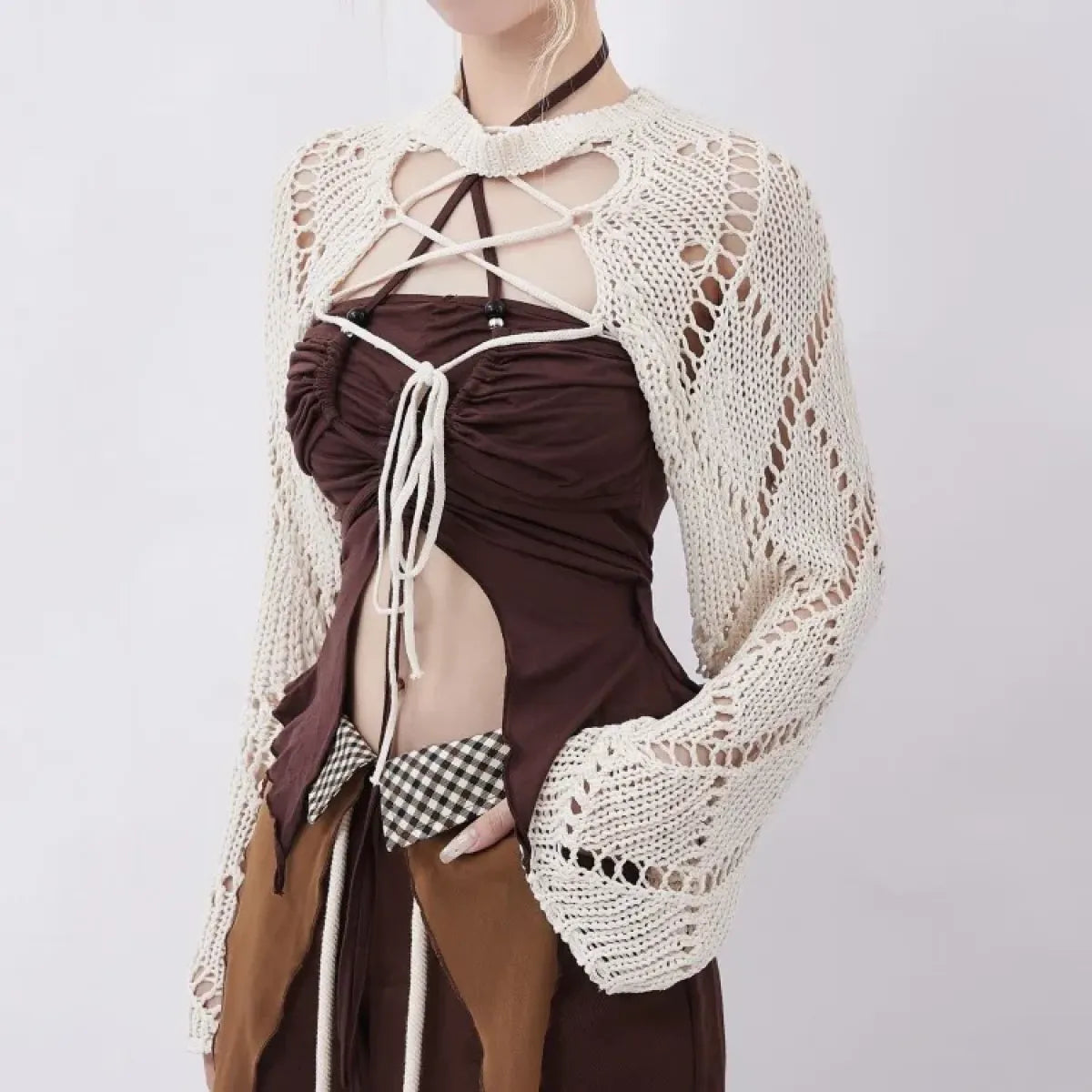 Y2K Hollow Knit Lace-Up Cardigan Top - Best Sellers - Cardigan - 1