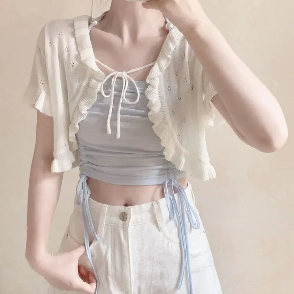 Y2K Hollow Knit Lace-Up Cardigan Top - Best Sellers - Cardigan - 1