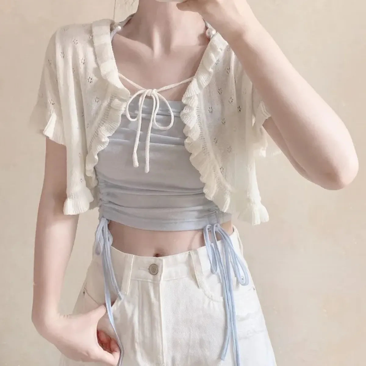 Y2K Hollow Knit Lace-Up Cardigan Top - Best Sellers - Cardigan - 1