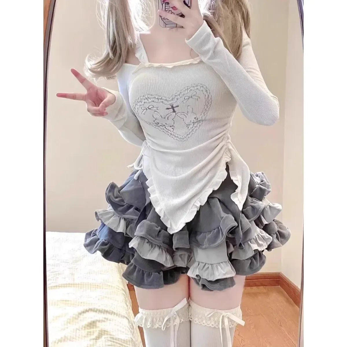 Y2K Kawaii Harajuku Two-Piece Set – Ruffle Skirt & Long Sleeve Top - Best Sellers - Long - Round - Clothing Sets - 1