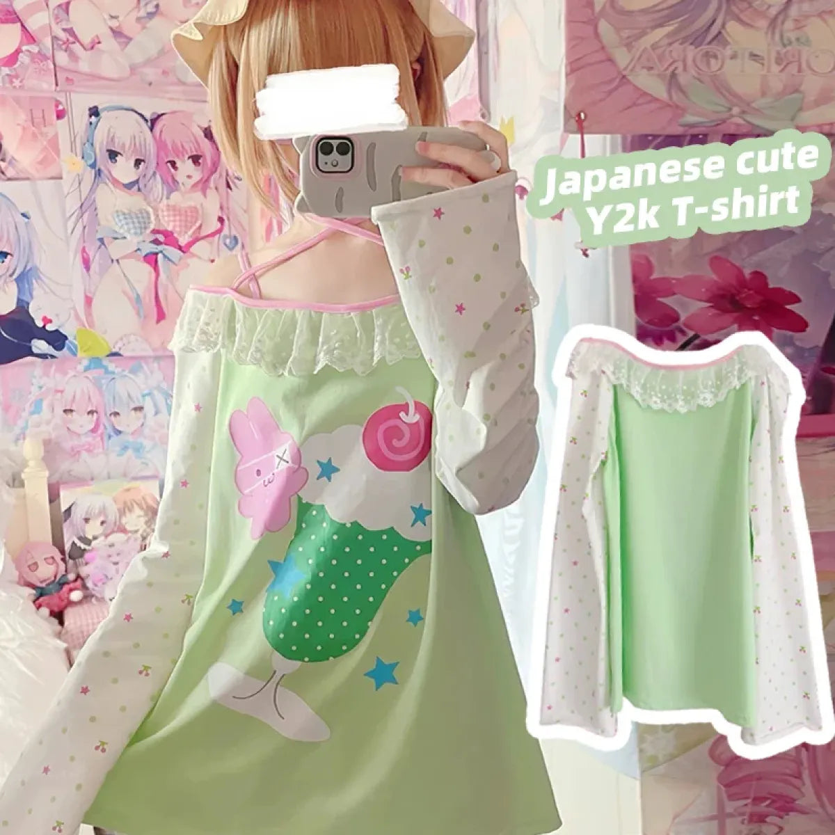 Y2K Kawaii Harajuku Top – Lace Trim Long Sleeve Tee - Best Sellers - Long - Off-Shoulder - T-Shirts - 1
