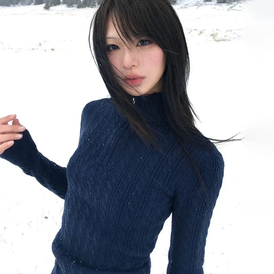 Y2K Navy Slim Knit Pullover Sweater - Best Sellers - Sweater / Pullover - 1