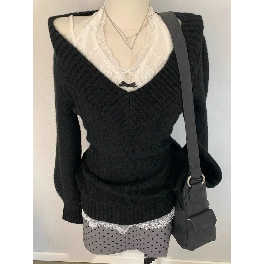 V-Neck Slim Fit Sweater – Y2K Lace Trim Knit Pullover Top - Best Sellers - Long - V-neck - Sweaters - 1