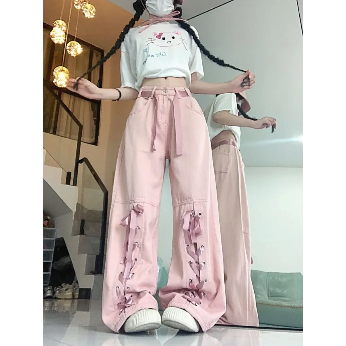 Y2K Pink Lace-Up Bow Wide Leg Pants - Best Sellers - Pants - 1