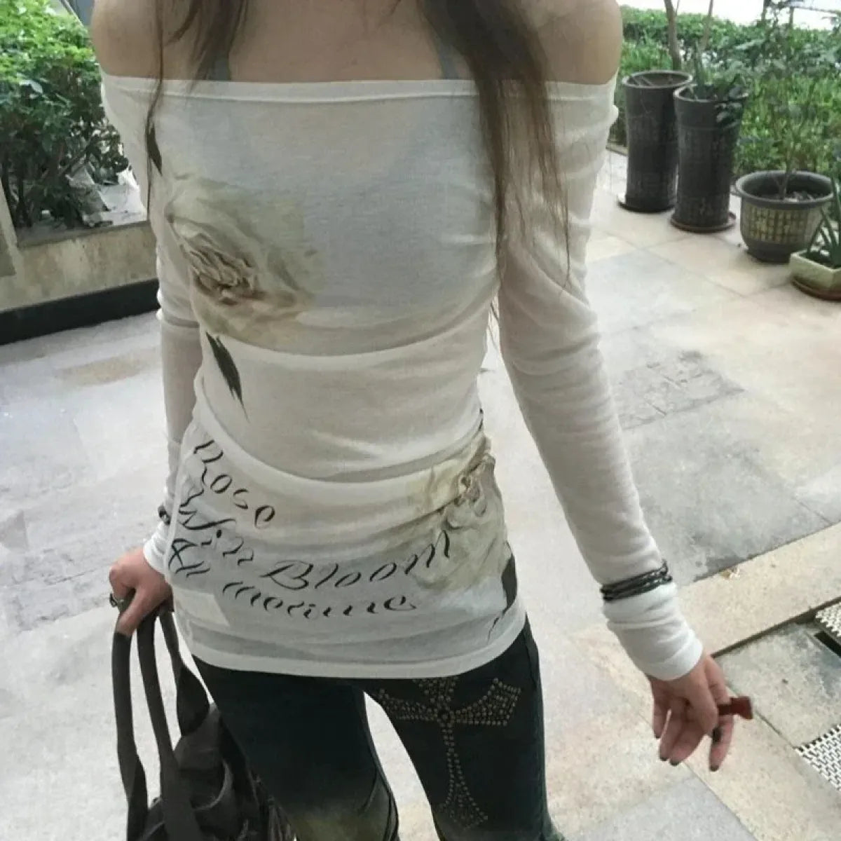 Y2K Off Shoulder Floral Long Sleeve Top - Best Sellers - Tops - 1