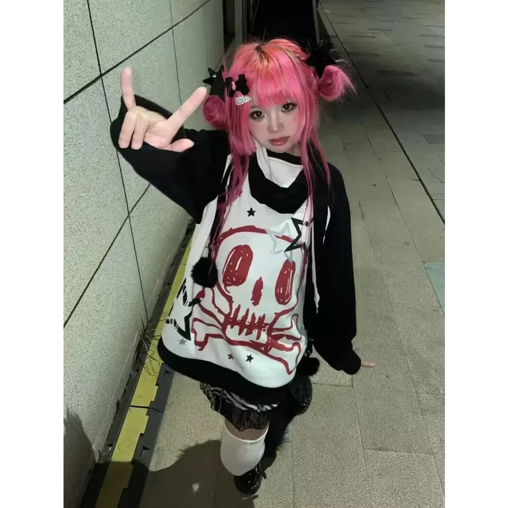 Y2K Skull Faux Layered Harajuku Long Sleeve Tee - Best Sellers - T-Shirt - 1