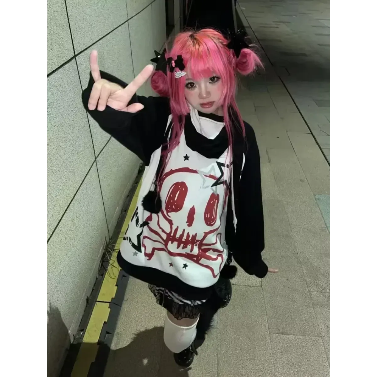 Y2K Skull Faux Layered Harajuku Long Sleeve Tee - Best Sellers - T-Shirt - 1