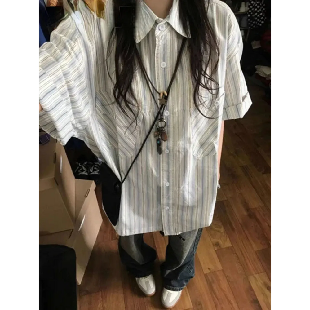 Y2K Striped Loose Fit Button-Up Shirt - Best Sellers - Button-Up Shirt - 1