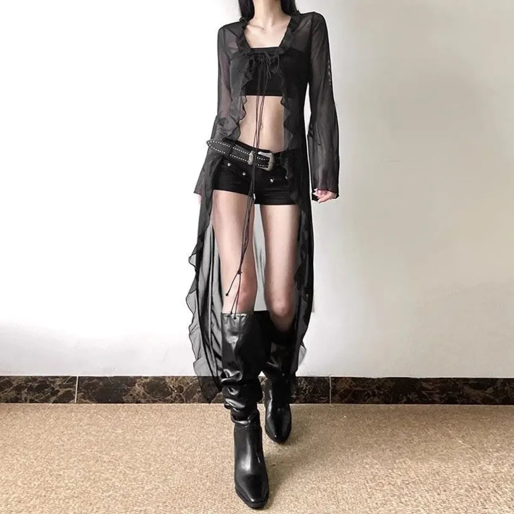 Y2K Sheer Ruffle Mesh Cardigan Top - Best Sellers - Blouse - 1
