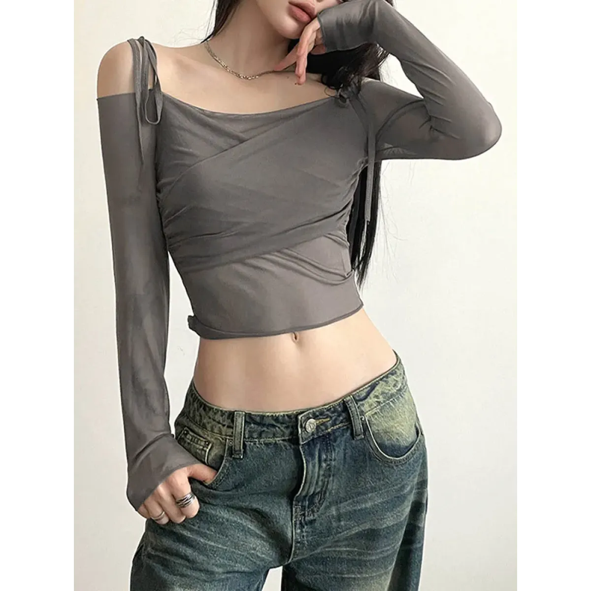 Y2K Off Shoulder Mesh Crop Top - Best Sellers - Crop Tops - 1