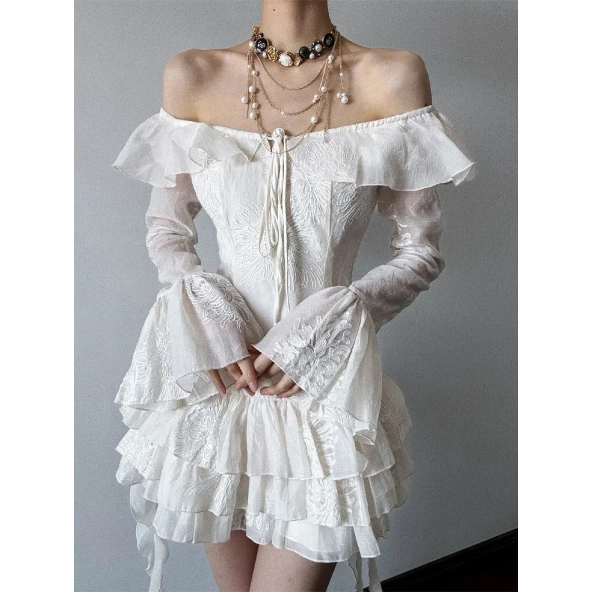 Y2K Embroidered Flare Sleeve Ruffle Mini Dress - All Dresses - Mini Dress - 1
