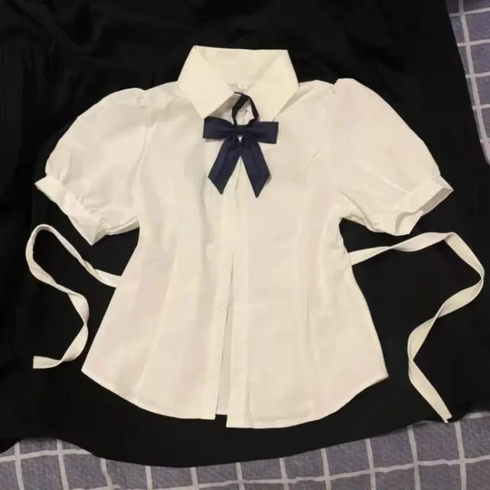 Y2K Lace-Up Bow Collar Puff Sleeve Blouse - Best Sellers - Blouse - 1