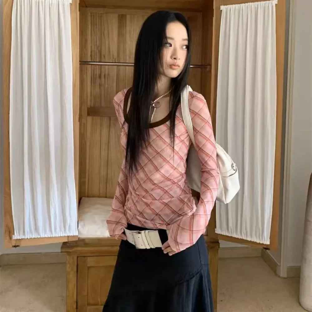 Y2K Plaid Patchwork Long Sleeve Tee - Best Sellers - T-Shirts - 1