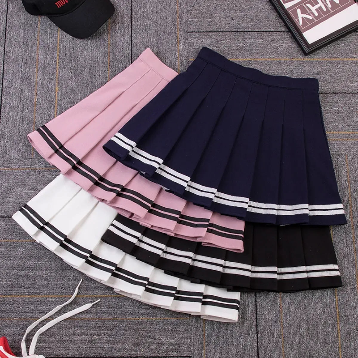 Y2K High Waist Pleated Mini Skirt – Kawaii Preppy Striped Style - Best Sellers - Skirts - 1