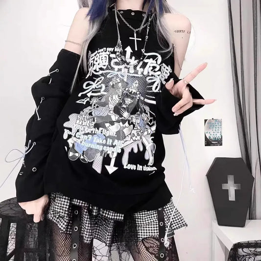 Off-Shoulder Gothic Harajuku Shirt – Y2K Punk Aesthetic - Best Sellers - Long - Round - T-Shirts - 6