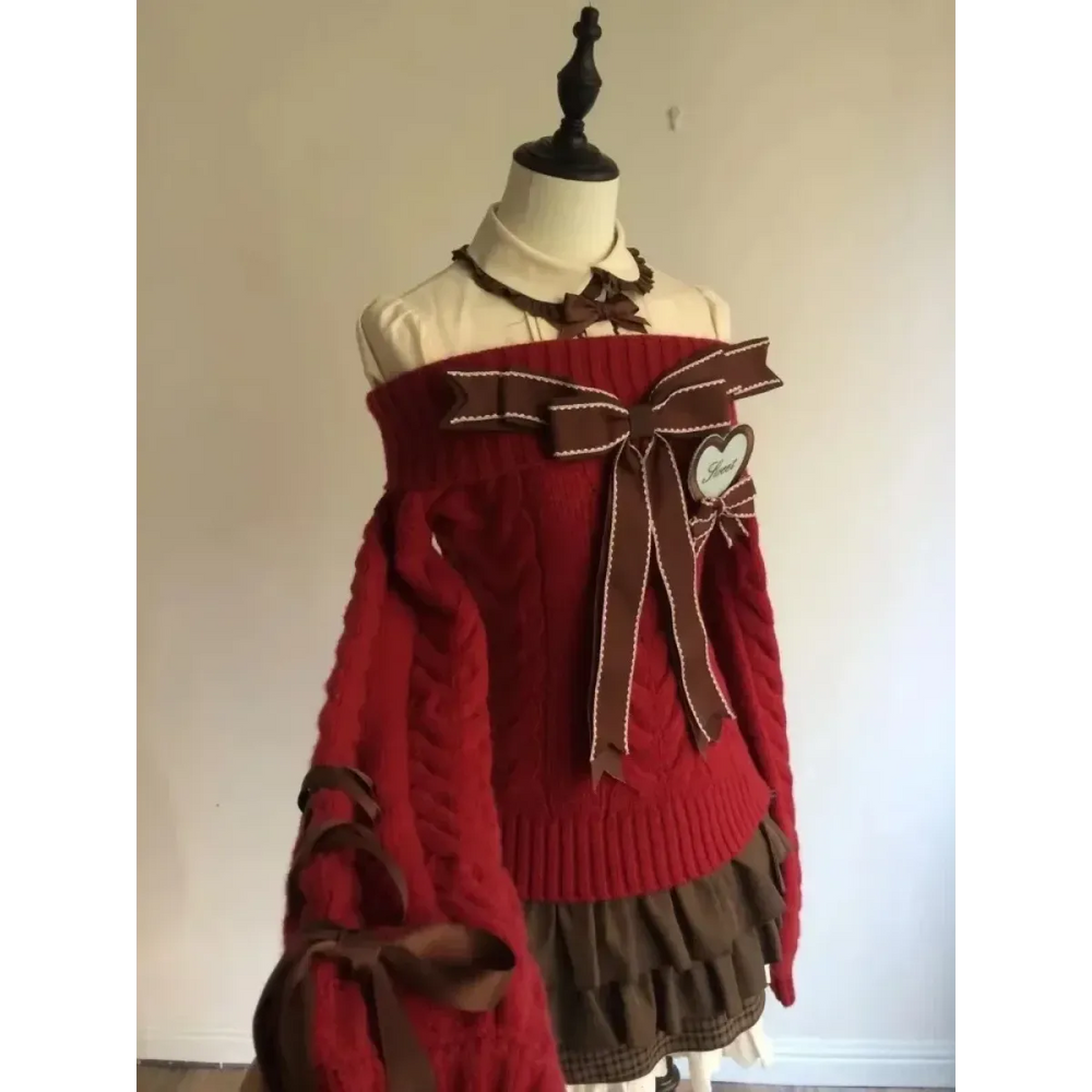 Y2K Off Shoulder Bow Sweater & Ruched Skirt Set – Autumn Knit - Best Sellers - Clothing Sets - 1