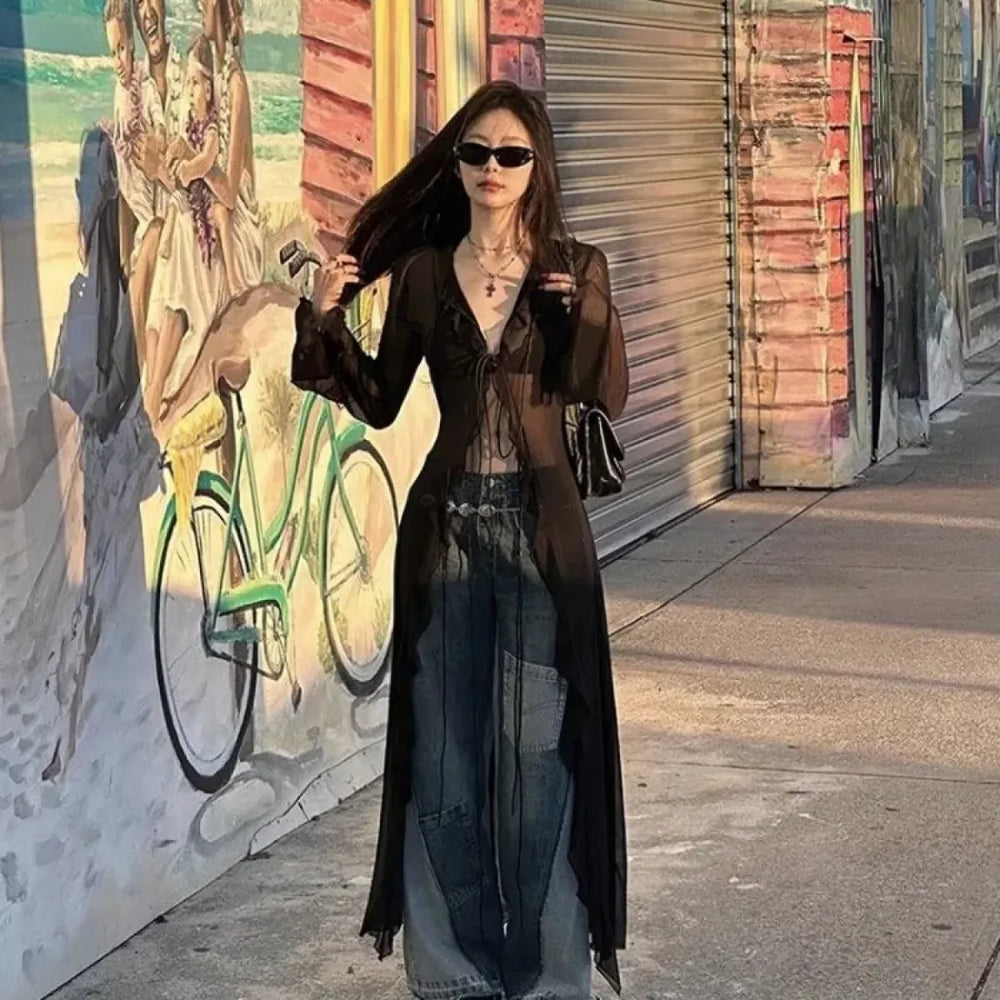 Y2K Sheer Lace-Up Longline Cardigan - Best Sellers - Cardigan - 1