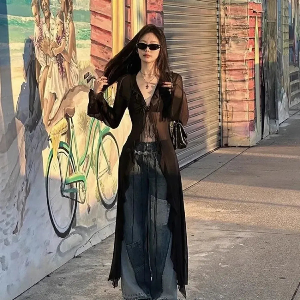 Y2K Sheer Lace-Up Longline Cardigan - Best Sellers - Cardigan - 1