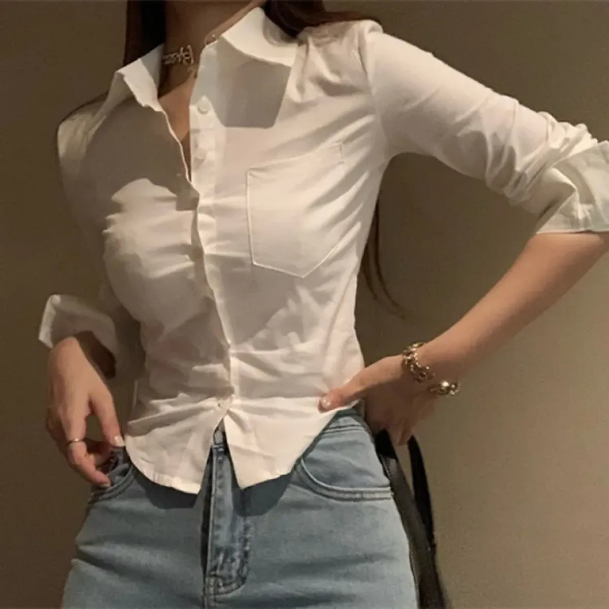 Y2K Slim Fit Lapel Blouse with Single Pocket - Best Sellers - Button-Up Shirt - 1