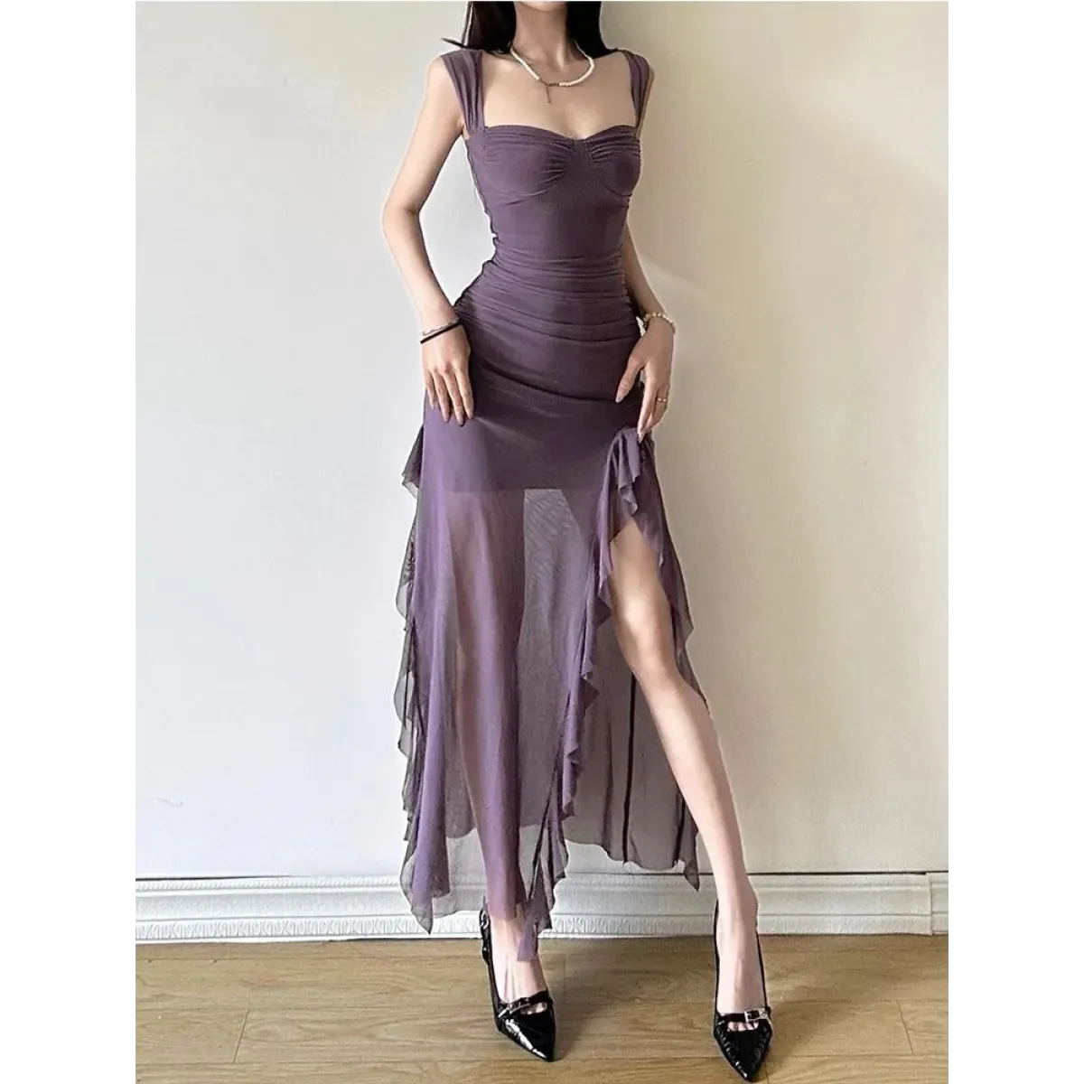Sheer Mesh Ruffle Dress – Y2K Slim Fit High Slit Aesthetic - All Dresses - Short - Square - Dresses - 1