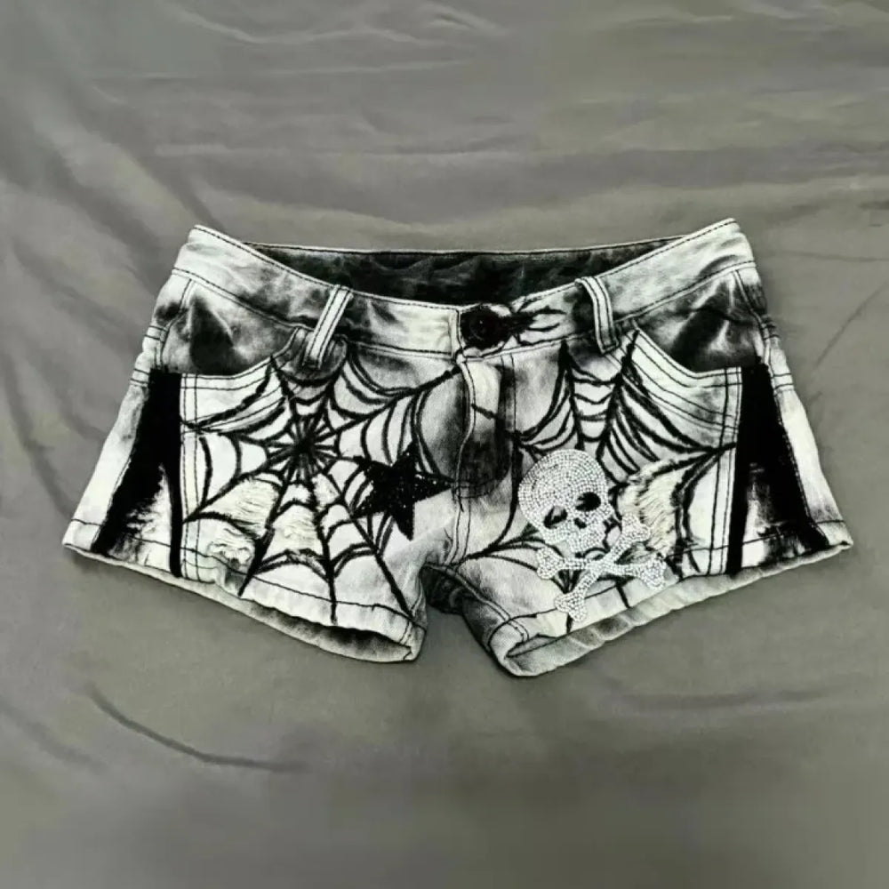 Y2K Punk Spider Web Denim Shorts – Low Waist Skull Star Print - Best Sellers - Women’s Shorts - 1