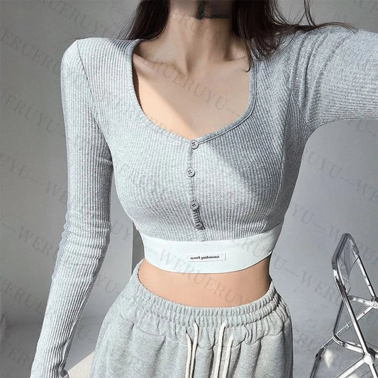 Y2K Ribbed Button Crop Top with Long Sleeves - Best Sellers - Crop Top - 1