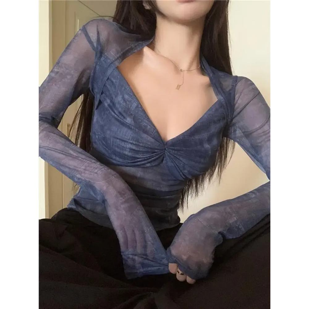 Y2K Ruched Mesh V-Neck Long Sleeve Tee - Best Sellers - T-Shirt - 1