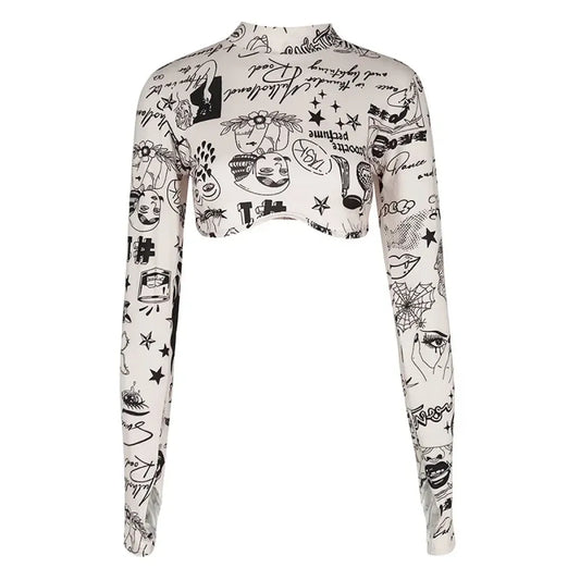 Y2K Tattoo Print Mesh Turtleneck Crop Top - Best Sellers - Crop Top - 6