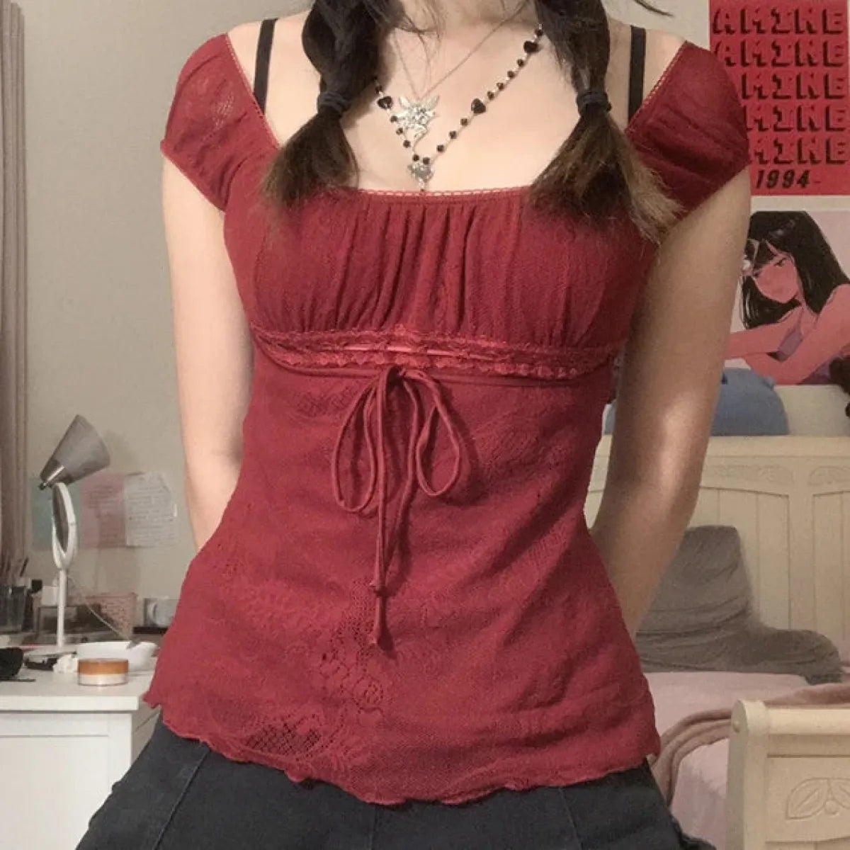 Red Square Collar Crop Top - Y2K Vintage Fairy Grunge Tee - Best Sellers - Short - Other - Crop Tops - 7
