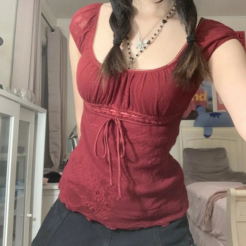 Red Square Collar Crop Top - Y2K Vintage Fairy Grunge Tee - Best Sellers - Short - Other - Crop Tops - 1