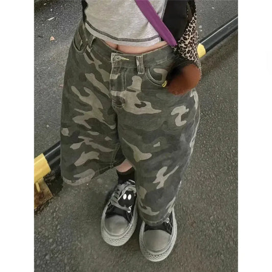 Camouflage Wide-Leg Denim Shorts – Y2K Vintage Streetwear - Best Sellers - Women’s Jeans - 1