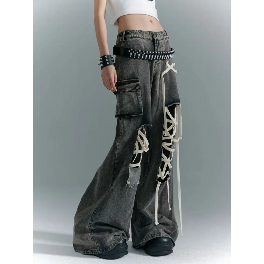 Y2K Lace-Up Cargo Wide Leg Jeans - Best Sellers - Jeans - 1