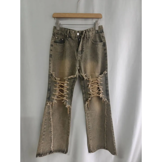 Y2K Lace-Up Frayed Wide Leg Jeans - Best Sellers - Jeans - 6