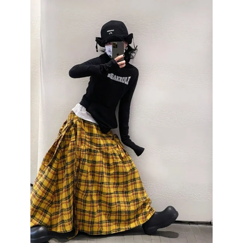 Harajuku Yellow Plaid Maxi Skirt - Best Sellers - Skirts - 1